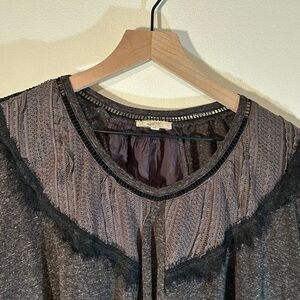 Mystree Charcoal Lace Accent Blouse Long Sleeve Flared Size M